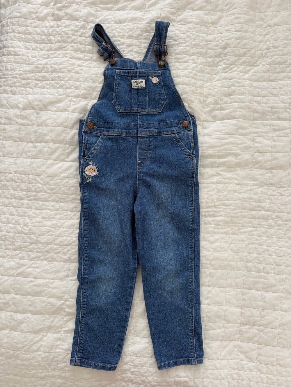 OshKosh B'gosh Blue Denim Girls' Overalls with Floral Embroidery